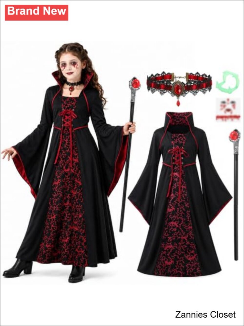 👻 Girls Vampire Costume 5Pc Vampiress Dress Cosplay Outfit Halloween Pretend